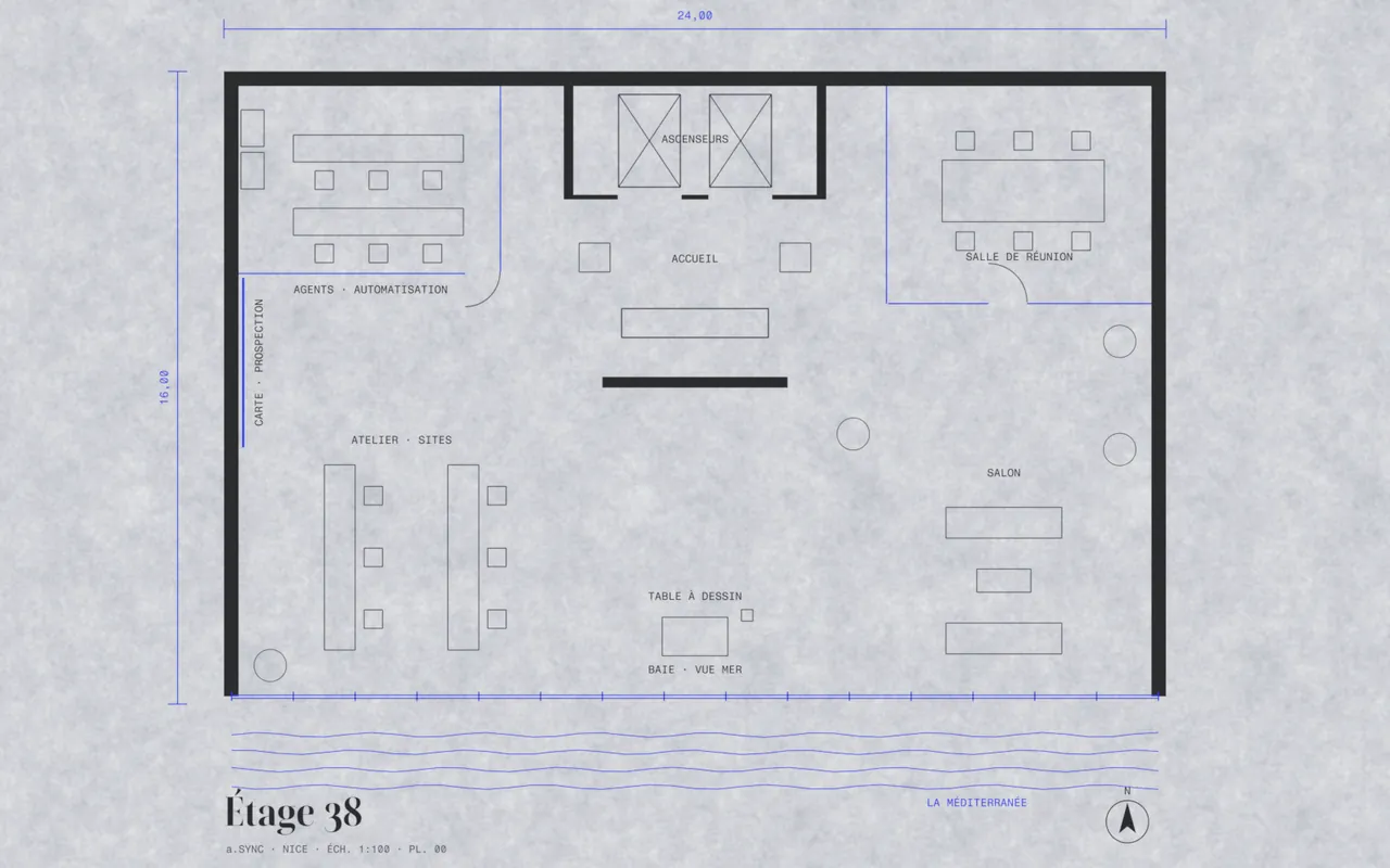 Plan de l'étage 38 des bureaux a.SYNC, à Nice