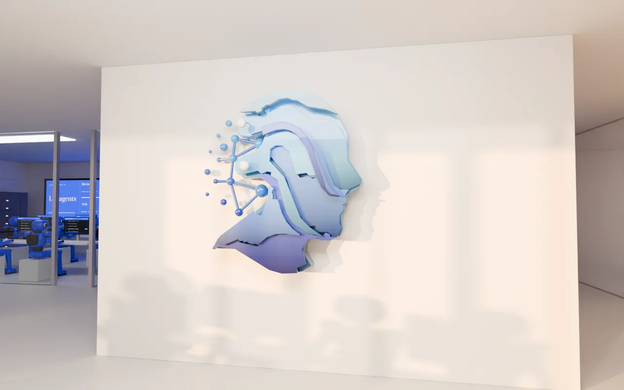 Le logo a.SYNC en relief sur le mur d'accueil, face à la baie