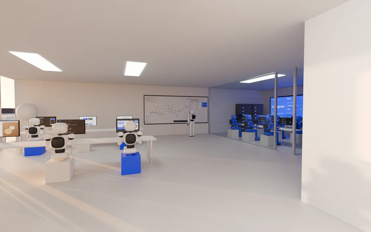 L'étage vu depuis l'entrée : à gauche l'atelier, au fond la carte de prospection, à droite la salle des agents
